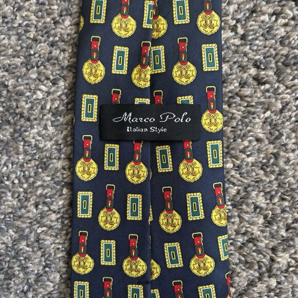 Marco Polo Italian Style Tie, Blue/yellow Badges. 60” Total - Picture 4 of 6